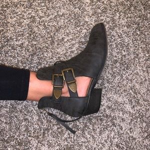 Just Fab Cut out black distress bootie.